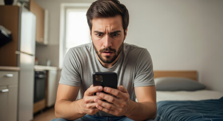 Surprised Man Staring at Smartphone Screen in a Gray T Shirt Inside Home Interior With Modern Furniture and Bedroom Setting Filled with Natural Light