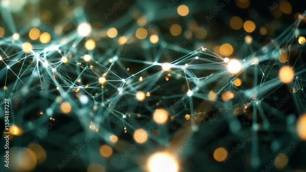 Poster abstract network with connected lines and glowing bokeh dots