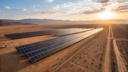 Aerial view of solar panel array in desert landscape with mountains and bright sun in the sky