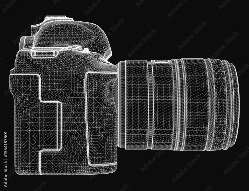 Poster a 3d model of a digital slr camera rendered in wireframe style, showcasing intricate details on a sl