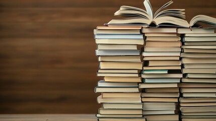 Working in Alternative Situations Concept. Stacked Books with Open Pages on Top Against Brown Wooden Background for Reading Enthusiasts