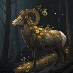 Majestic Ram with Flourishing Golden Flowers and Enigmatic Horns in a Dark Forest Setting