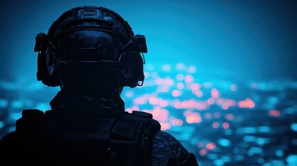 Working in Alternative Situations Concept. Soldier in Tactical Gear Looking at Futuristic Cityscape at Night with Vibrant Lights