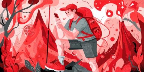 Working in Alternative Situations Concept. Adventurer Using Smartphone While Hiking Through Vibrant Red Forest Landscape Illustration