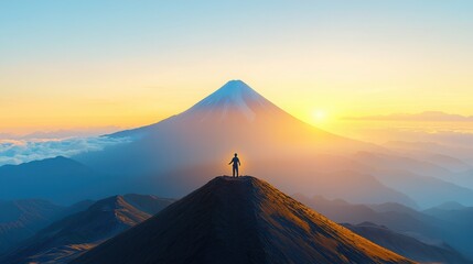 Working in Alternative Situations Concept. Breathtaking Sunrise Over Mountain Landscape with Silhouetted Hiker in Tranquil Nature Scene