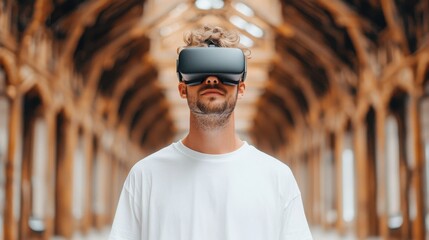 Working in Alternative Situations Concept. Young Man with Virtual Reality Headset Experiencing Immersive Technology in a Modern Space