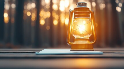 Working in Alternative Situations Concept. Vintage Lantern Illuminating a Wooden Surface in a Forest at Sunset