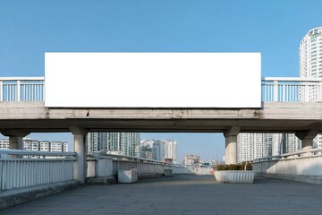 Long white empty signboard hanging on concrete urban bridge for commercial information and advertise message