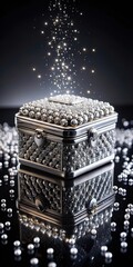 Luxurious silver jewelry box with scattered diamonds on a black background