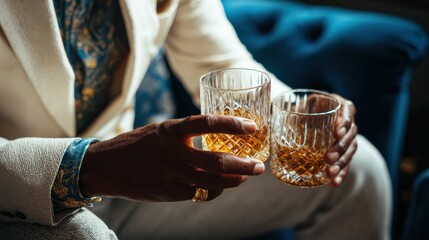 A whiskey glass in hand, a man in a suit projects business sophistication, while the cinematic lighting and rich, dark textures contribute to a mysterious, high end vibe.