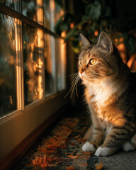 Cat Sitting by Window in Soft Morning Light – Peaceful Home Setting with Gentle Natural Illumination and Calm Domestic Atmosphere