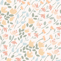 Pretty little solid flowers and leaves placed diagonally, swaying in wind in muted, subtle colors of yellow, peach, cream, blue and green on off white. Maximalist botanical seamless vector pattern. 