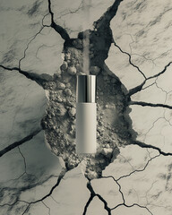 Levitating Cosmetic Tube Above Cracked Earth Texture – Environmental Awareness Concept with Strong Lighting and Upper Clean Space for Branding or Message