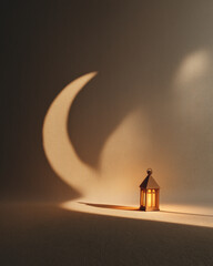 Crescent Moon and Lantern Casting Long Shadow on Beige Fabric – Minimalist Islamic Theme with Ample Empty Space for Ramadan or Eid Messages
