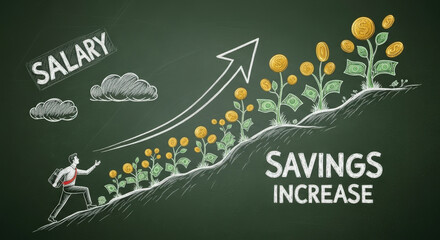 Chalk Drawing of Salary Growth with Climbing Person on Dark Green Chalkboard Background Depicts Savings Increase Finance and Wealth Concept
