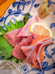 Japanese lunch set, rice with sashimi and fried fish