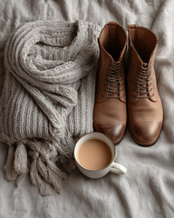 Minimalist Winter Outfit Flat Lay with Knit Sweater, Scarf, Boots, and Coffee Cup on Linen – Cozy Seasonal Style with Neutral Tones and Soft Texture