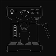 A black and white sketch of a coffee machine with a steaming cup placed in front, featuring clean line art and a dark background for contrast. The minimalist illustration highlights the machine's.