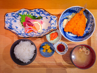 Japanese lunch set, rice with sashimi and fried fish