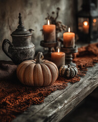 Pumpkin and Candles on Wooden Table with Warm Tones and Empty Center Space – Cozy Autumn or Thanksgiving Background for Seasonal Design and Text Placement