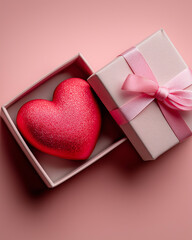 Red Heart and Gift Box on Soft Pink Background with Open Copy Space – Romantic Minimal Scene for Valentine’s Day, Love, or Celebration