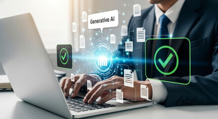 Man in Suit Typing on Laptop Reviewing Digital Document Approval with Tick Symbols and Paperwork in Bright Office Setting