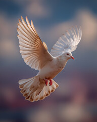White Dove in Flight Against Cloudy Sky with Open Copy Space – Peace, Freedom, and Serenity Concept for Inspirational or Religious Themes