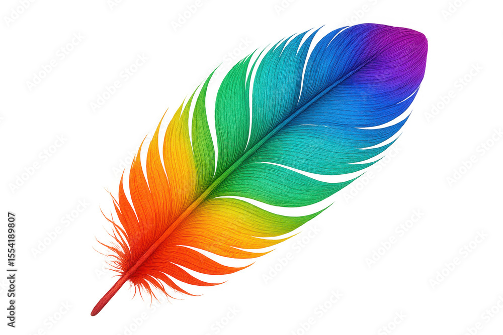 Poster vibrant multicolored feather symbolizing personal expression, floating against transparent backdrop