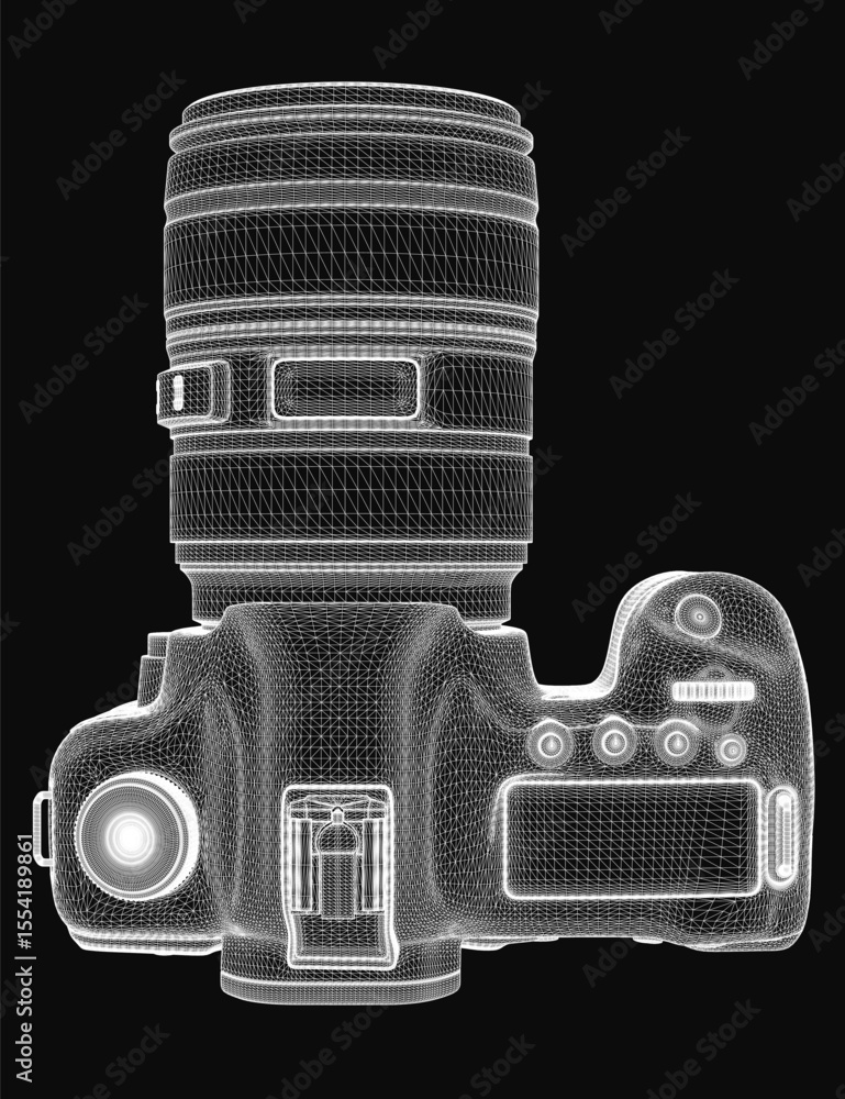 Aufkleber a 3d wireframe model of a digital slr camera with a detailed lens, rendered realistically on a sleek