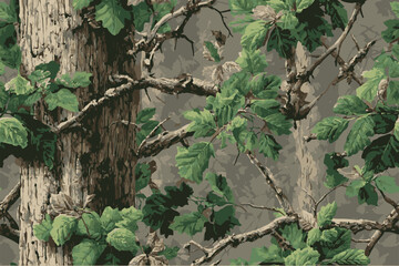 A camouflage pattern made of realistic leaves and branches. A real tree forest camouflage seamless pattern design pattern for hunting and military uniform. Hunting camouflage.