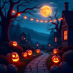 Fototapeta premium Halloween Night with Glowing Pumpkins and Moonlight