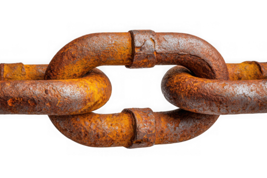 Rusty metal chain link closeup on transparent background