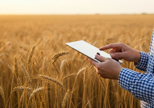 Farmer Using Tablet in Wheat Field at Sunset