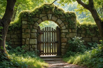 Fototapeta premium Stone archway gate in a lush green garden.