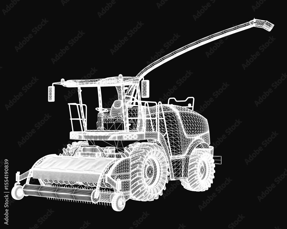 Poster a detailed 3d model of a combine harvester on a black background, showcasing intricate blueprint lin