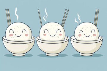 In a bowl, a cute cartoon character that looks like a dumpling is paired with chopsticks