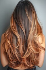 Naklejka premium From the back, a woman with long brown hair is visible in the image
