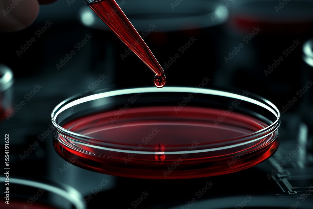 Poster a lab technician conducts experiments using red liquid in a petri dish, with a circuit board visible