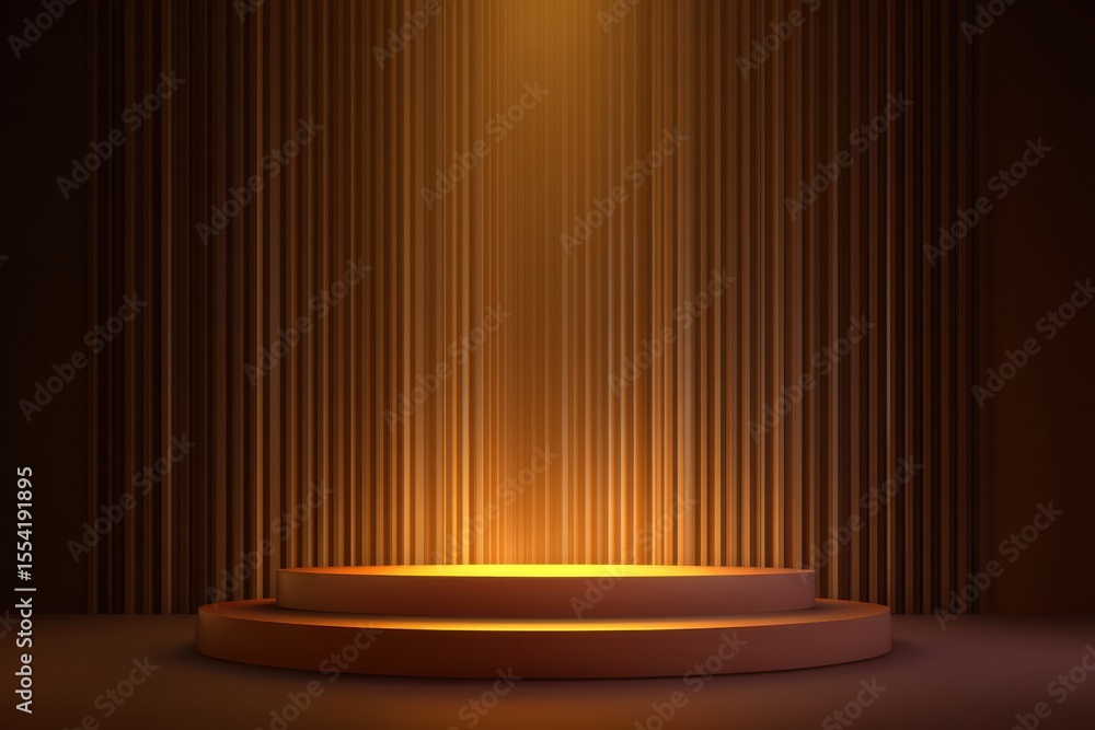 Poster illuminated stage: a circular stage platform bathed in golden light against a vertically-lined backd