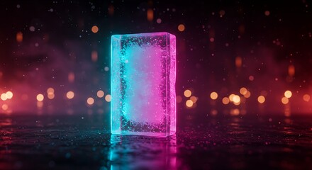 A glowing rectangular block of ice or glass, infused with vibrant pink and cyan light, stands on a dark, wet surface with reflections and bokeh lights, representing a futuristic creative concept