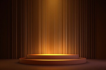 Illuminated Stage: A circular stage platform bathed in golden light against a vertically-lined backdrop creates an elegant presentation space