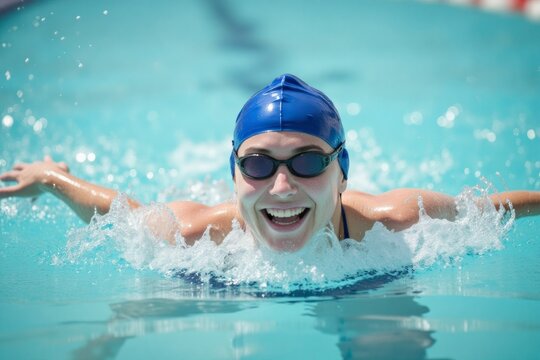 Woman swimming butterfly stroke in a pool.