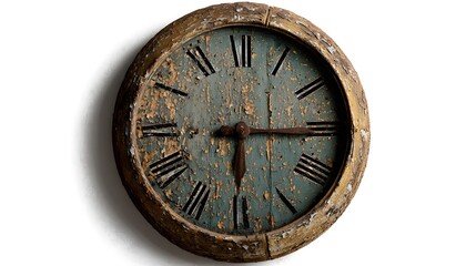 Old rustic farmhouse clock chipping paint wooden frame white background nostalgic vintage timepiece artistic rural living themes high contrast studio lighting   