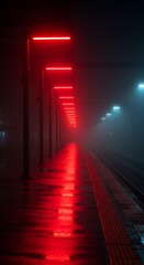 A mesmerizing perspective down a misty train platform with glowing red squares creates a sense of depth and a powerful visual of a future design concept.