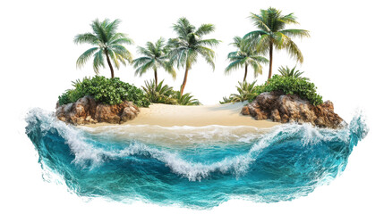 Obraz na płótnie Canvas Tropical Island Cutout with Palm Trees and Waves