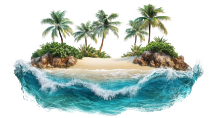 Tropical Island Cutout with Palm Trees and Waves