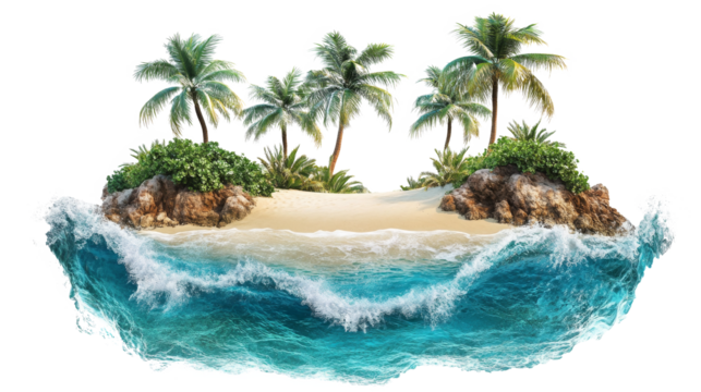 Tropical Island Cutout with Palm Trees and Waves