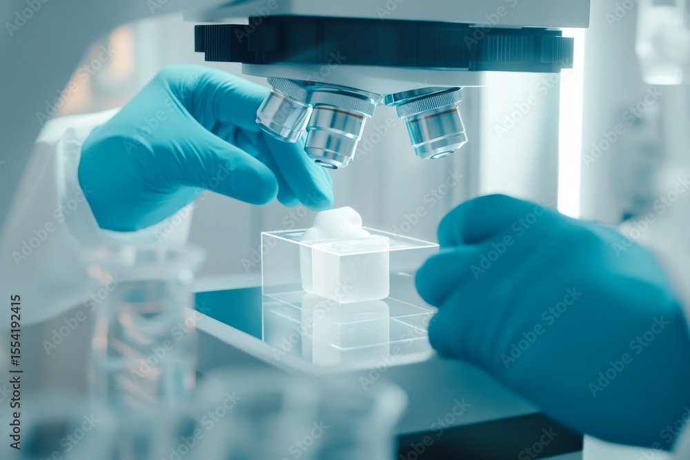 Poster state-of-the-art laboratory tools execute a meticulous experiment in a pristine environment, emphasi