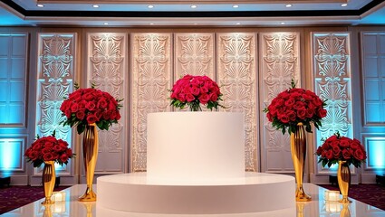Red Rose Wedding Ceremony Decor Gold Vases White Stage