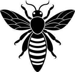 Stylized Black and White Bee Illustration Detailed Insect Art with Intricate Wing Patterns and Segmented Abdomen Design